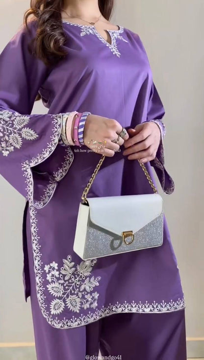 Fancy Purple Color Embroidred Farsi Suit With Dupatta
