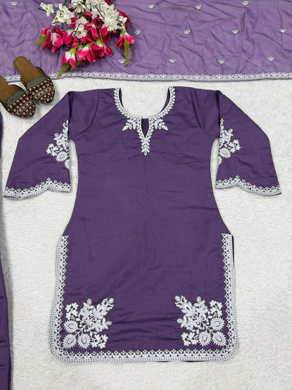 Fancy Purple Color Embroidred Farsi Suit With Dupatta