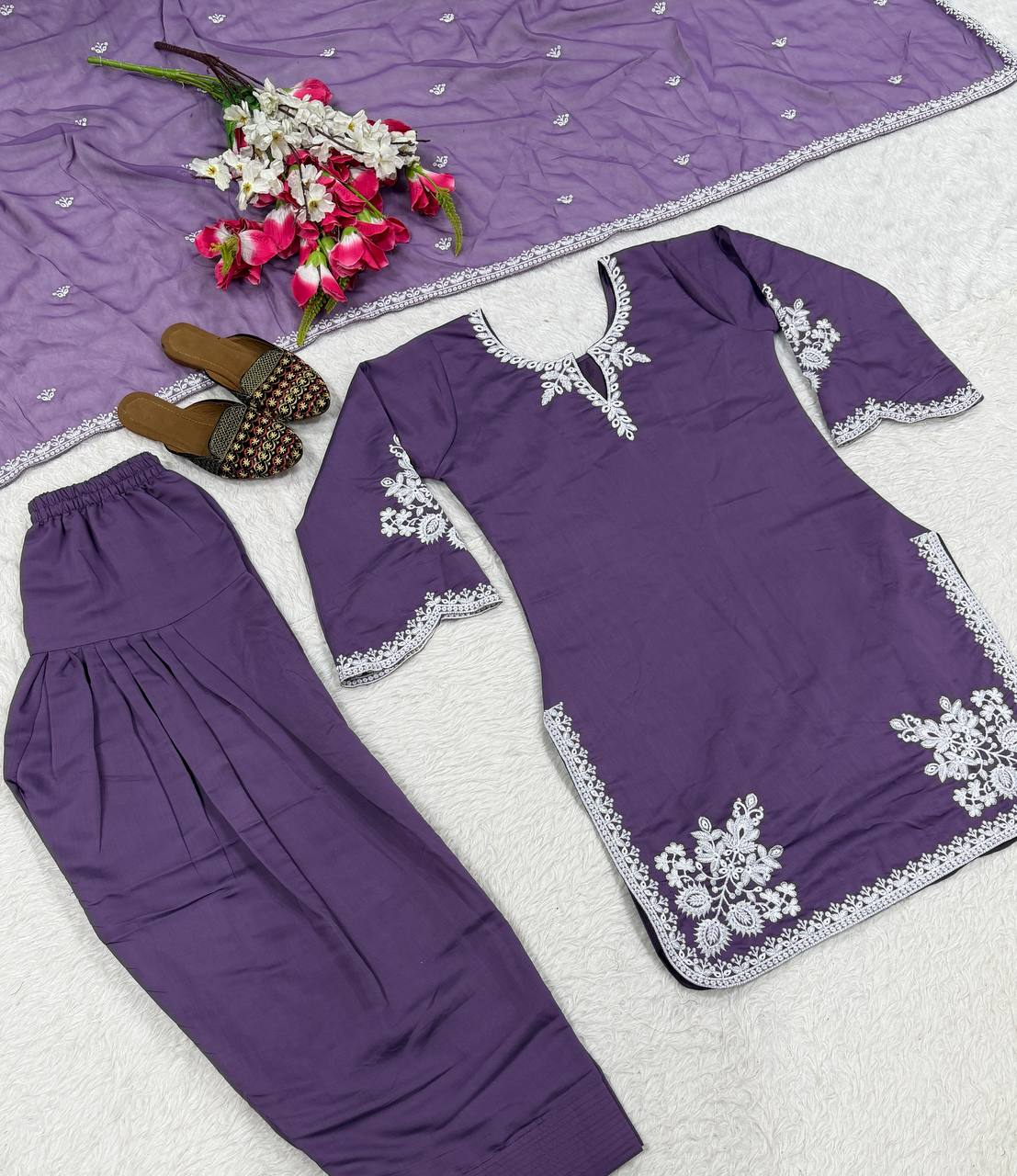 Fancy Purple Color Embroidred Farsi Suit With Dupatta