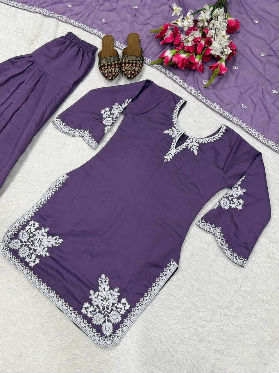Fancy Purple Color Embroidred Farsi Suit With Dupatta