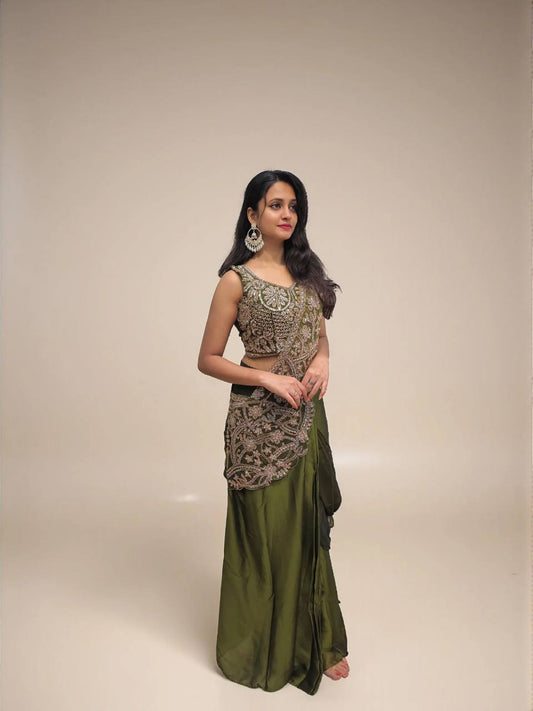 Engagement Wear Green Embroidery Color Rangoli Silk Lehenga Saree