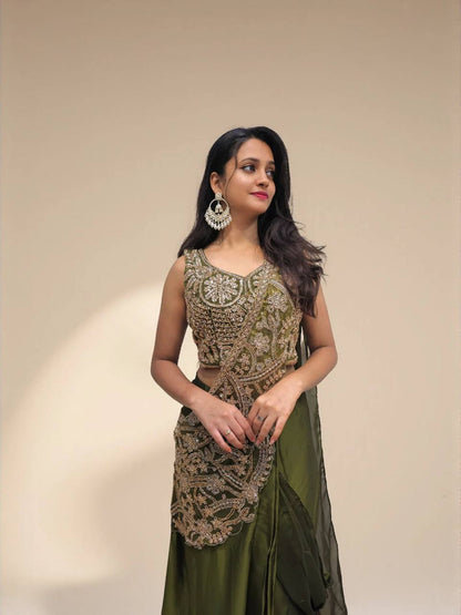 Engagement Wear Green Embroidery Color Rangoli Silk Lehenga Saree