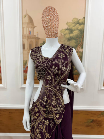 Wedding Wear Purple Color Thread Work Rangoli Silk Lehenga Saree