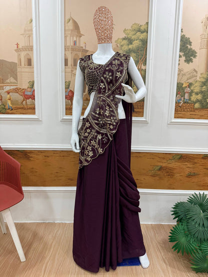 Wedding Wear Purple Color Thread Work Rangoli Silk Lehenga Saree