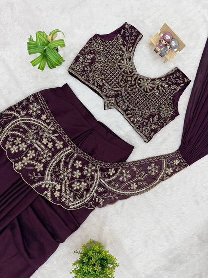 Wedding Wear Purple Color Thread Work Rangoli Silk Lehenga Saree