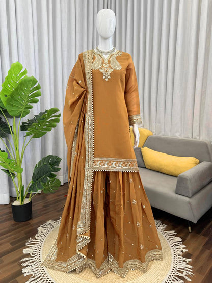 Mesmerizing Mustard Color Sequence Embroidered Palazzo Suit With Dupatta
