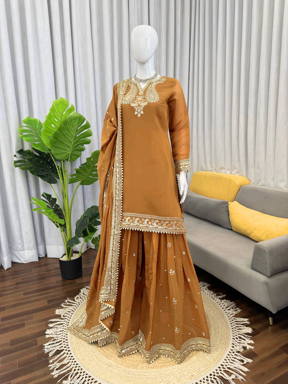 Mesmerizing Mustard Color Sequence Embroidered Palazzo Suit With Dupatta