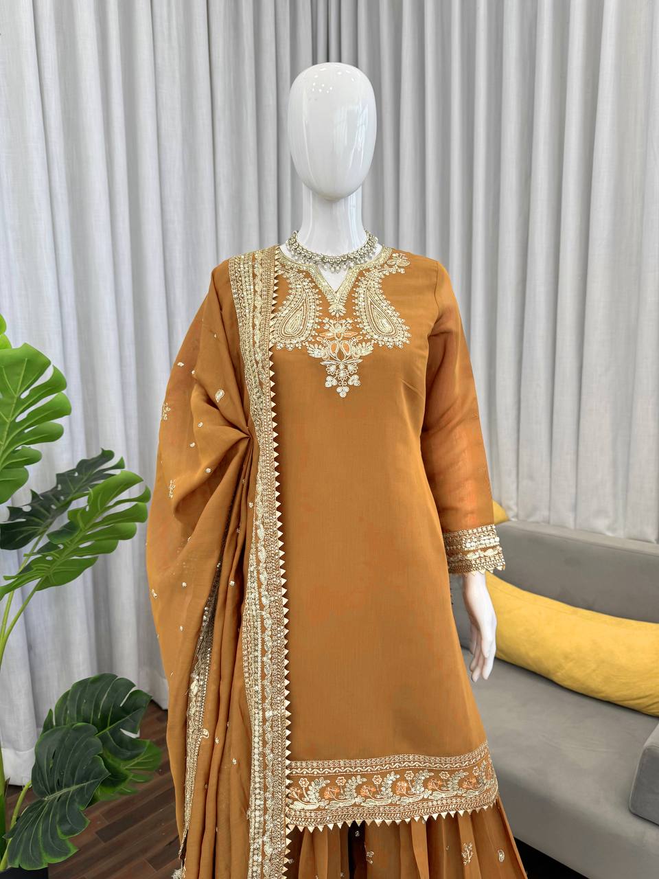 Mesmerizing Mustard Color Sequence Embroidered Palazzo Suit With Dupatta