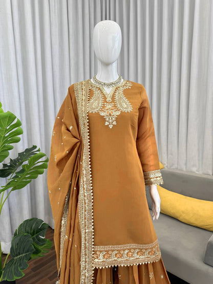 Mesmerizing Mustard Color Sequence Embroidered Palazzo Suit With Dupatta