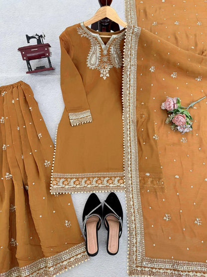 Mesmerizing Mustard Color Sequence Embroidered Palazzo Suit With Dupatta