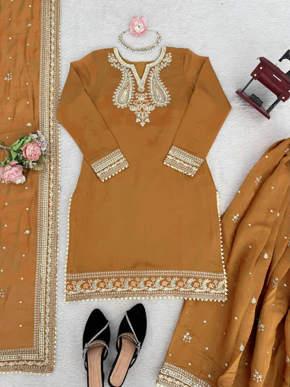 Mesmerizing Mustard Color Sequence Embroidered Palazzo Suit With Dupatta