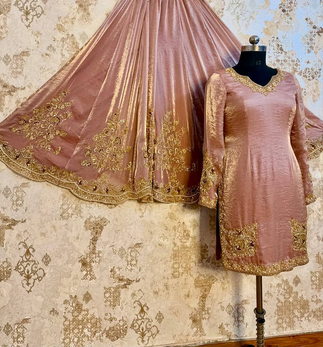 Wedding Wear Dusty Peach Color Heavy Chinon Silk  Embroidery With Sequins And Pearl With Mirror Work Palazzo Suit