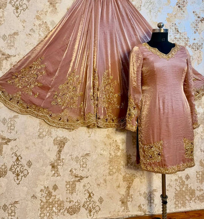 Wedding Wear Dusty Peach Color Heavy Chinon Silk  Embroidery With Sequins And Pearl With Mirror Work Palazzo Suit