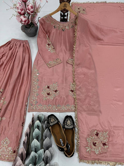 Wedding Wear Dusty Peach Color Heavy Chinon Silk  Embroidery With Sequins And Pearl With Mirror Work Palazzo Suit
