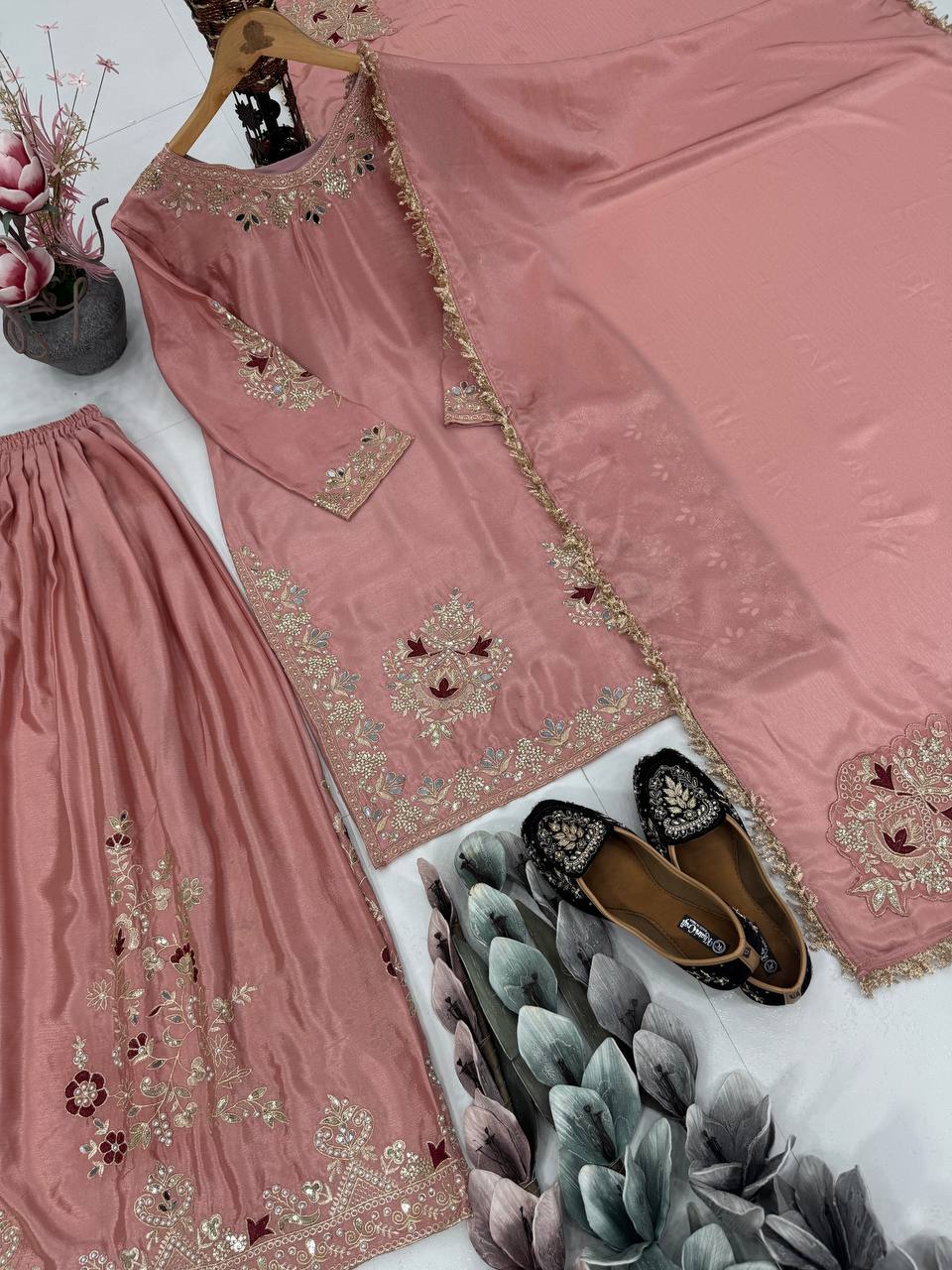 Wedding Wear Dusty Peach Color Heavy Chinon Silk  Embroidery With Sequins And Pearl With Mirror Work Palazzo Suit