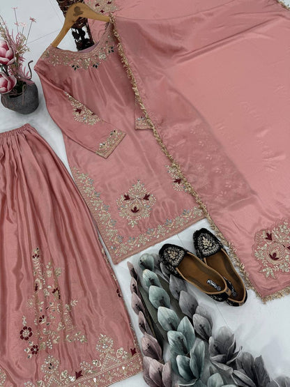 Wedding Wear Dusty Peach Color Heavy Chinon Silk  Embroidery With Sequins And Pearl With Mirror Work Palazzo Suit