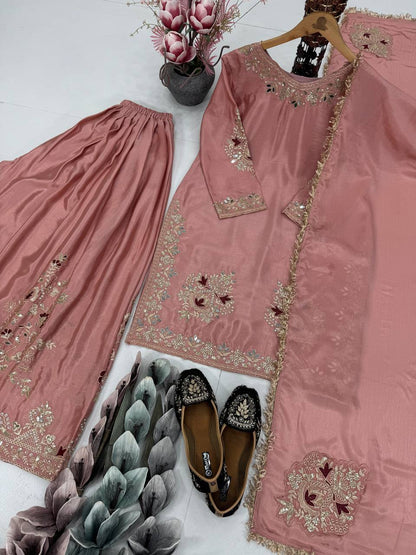 Wedding Wear Dusty Peach Color Heavy Chinon Silk  Embroidery With Sequins And Pearl With Mirror Work Palazzo Suit