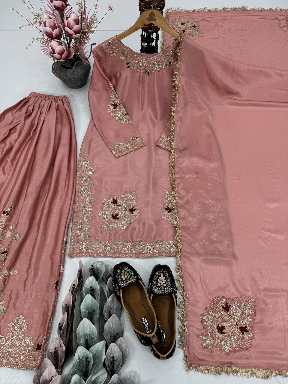 Wedding Wear Dusty Peach Color Heavy Chinon Silk  Embroidery With Sequins And Pearl With Mirror Work Palazzo Suit