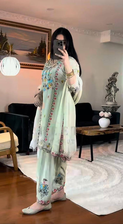 Attractive Pista Color Beautiful Embroidered Patiyala Salwar Suit