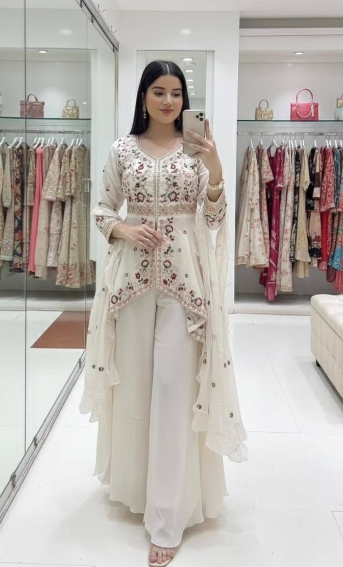 Exclusive Wedding White Color Rangoli Silk Palazzo Set