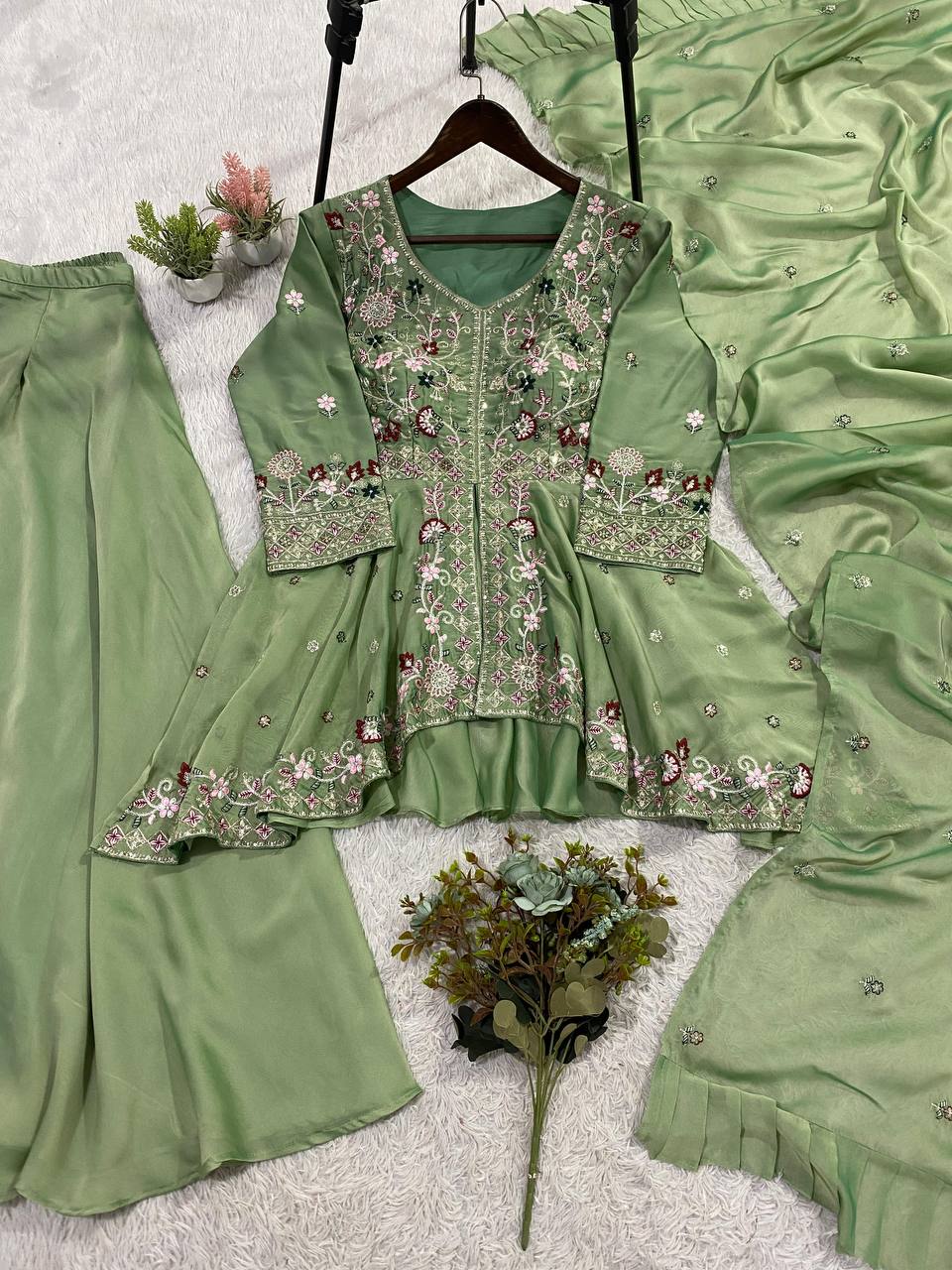Attractive Green Color Sequence Embroidered Palazzo Set