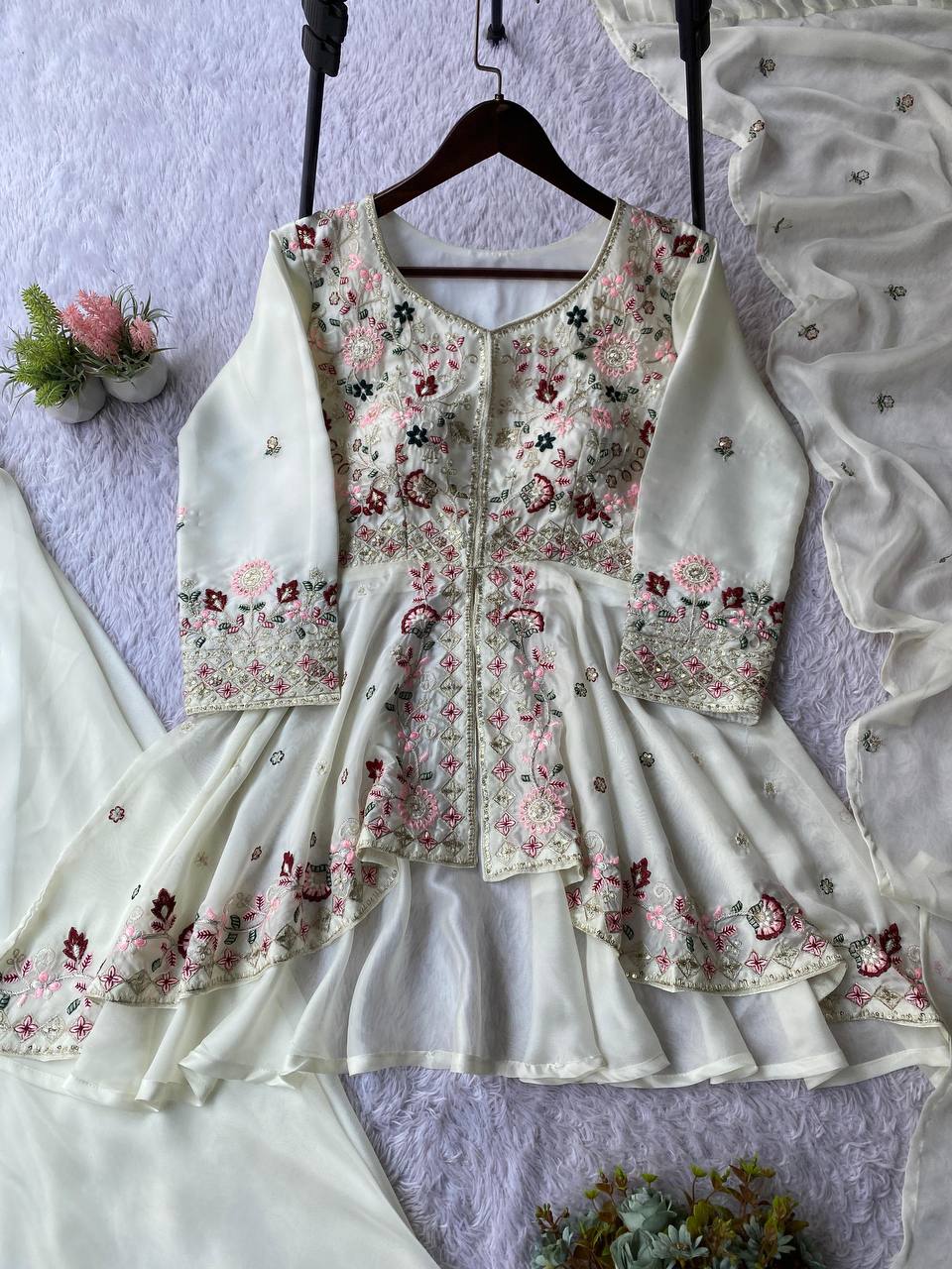 Exclusive Wedding White Color Rangoli Silk Palazzo Set