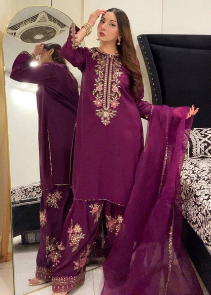 Designer Purple Color Embroidered Farshi Suit With Dupatta