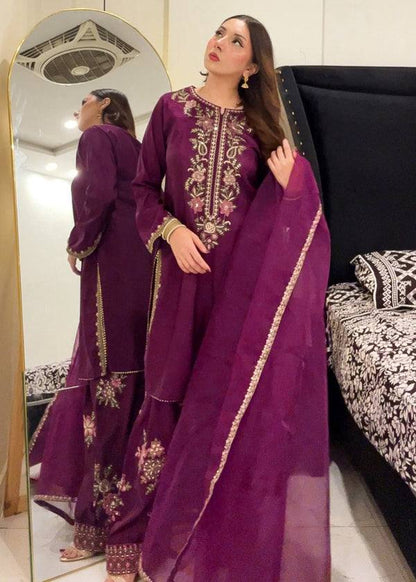 Designer Purple Color Embroidered Farshi Suit With Dupatta
