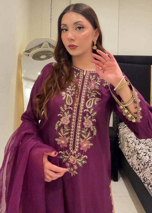 Designer Purple Color Embroidered Farshi Suit With Dupatta