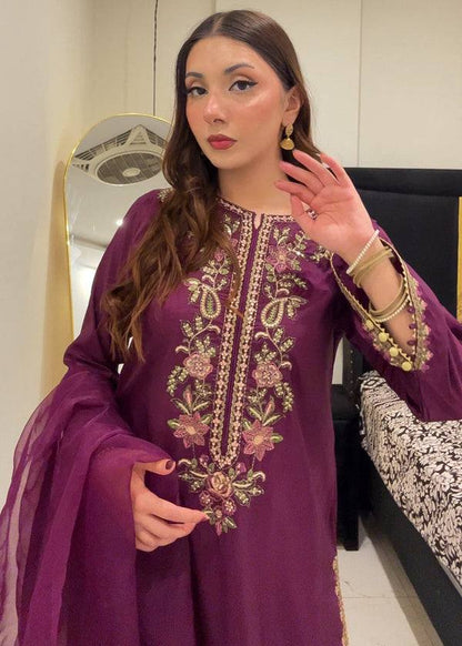 Designer Purple Color Embroidered Farshi Suit With Dupatta