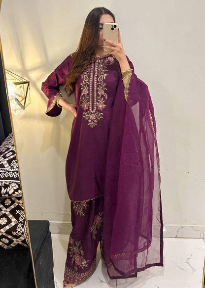 Designer Purple Color Embroidered Farshi Suit With Dupatta