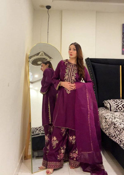 Designer Purple Color Embroidered Farshi Suit With Dupatta
