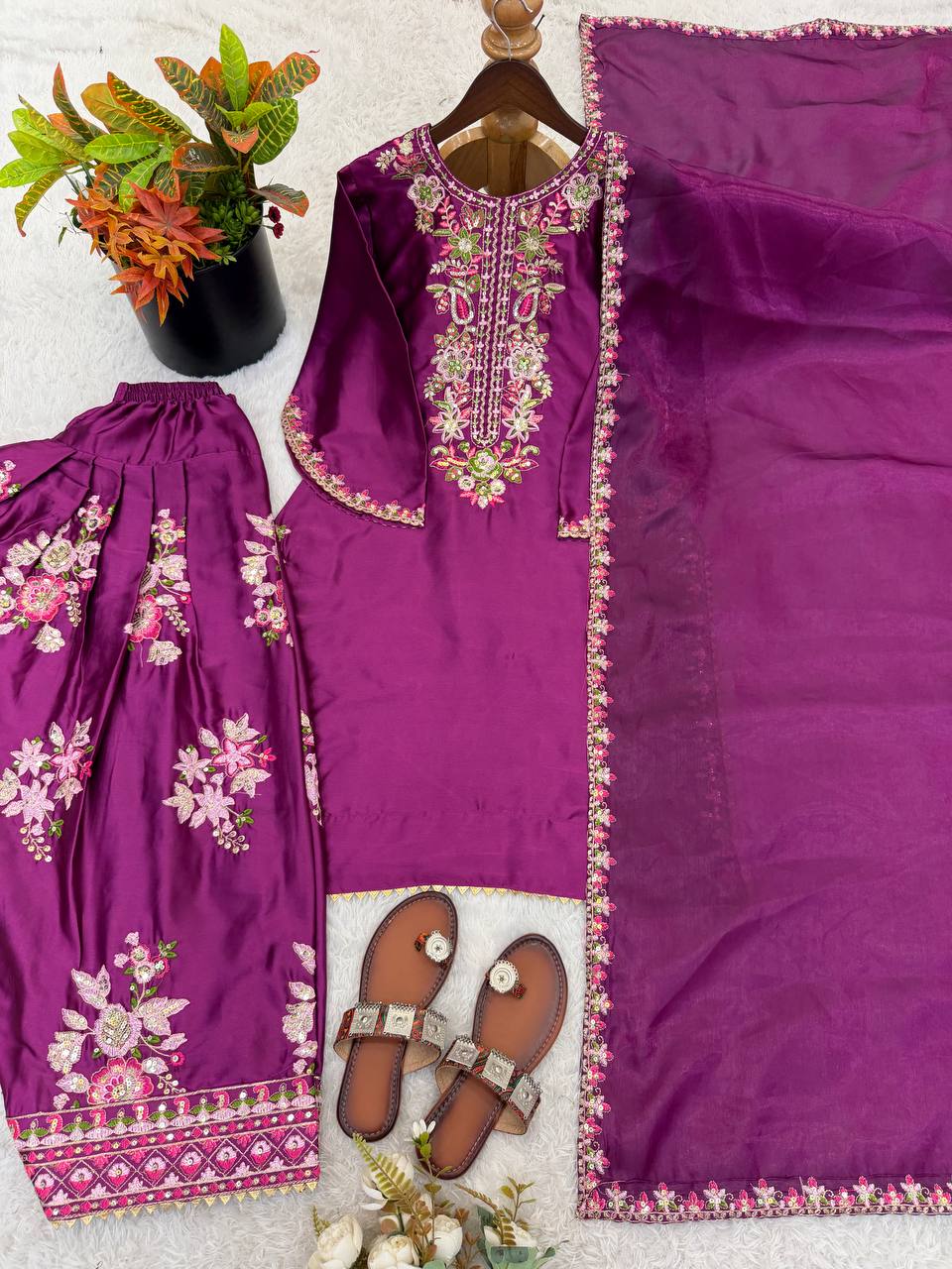 Designer Purple Color Embroidered Farshi Suit With Dupatta