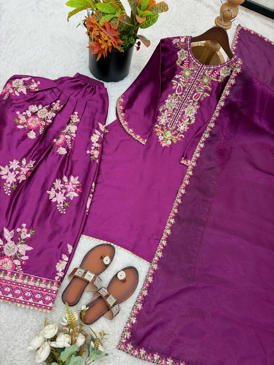 Designer Purple Color Embroidered Farshi Suit With Dupatta