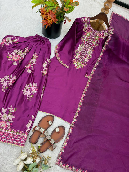 Designer Purple Color Embroidered Farshi Suit With Dupatta