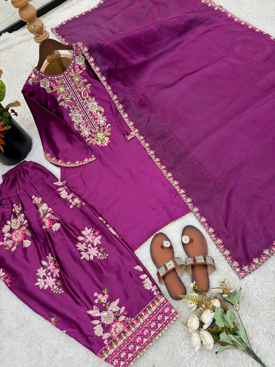 Designer Purple Color Embroidered Farshi Suit With Dupatta