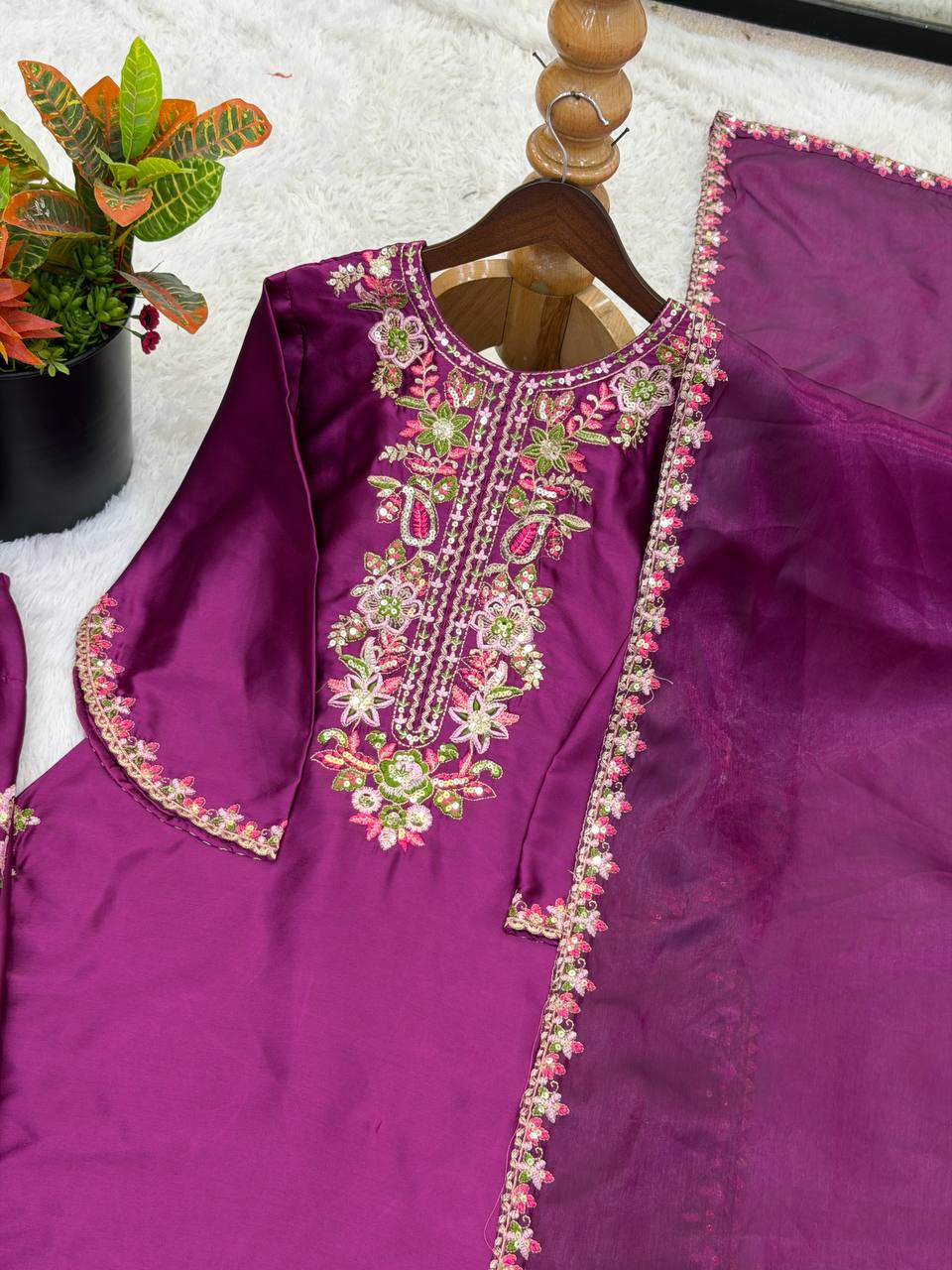 Designer Purple Color Embroidered Farshi Suit With Dupatta