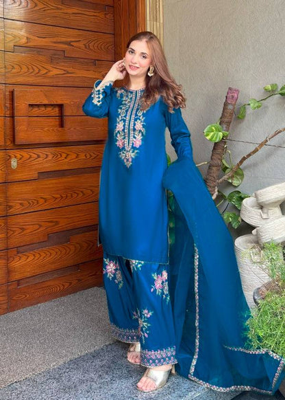 Preferable Blue Color Embroidered Farshi Suit With Dupatta
