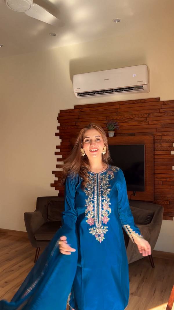 Preferable Blue Color Embroidered Farshi Suit With Dupatta