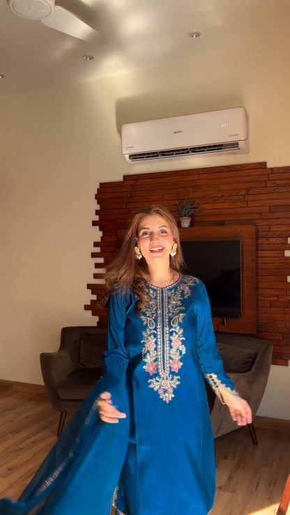 Preferable Blue Color Embroidered Farshi Suit With Dupatta