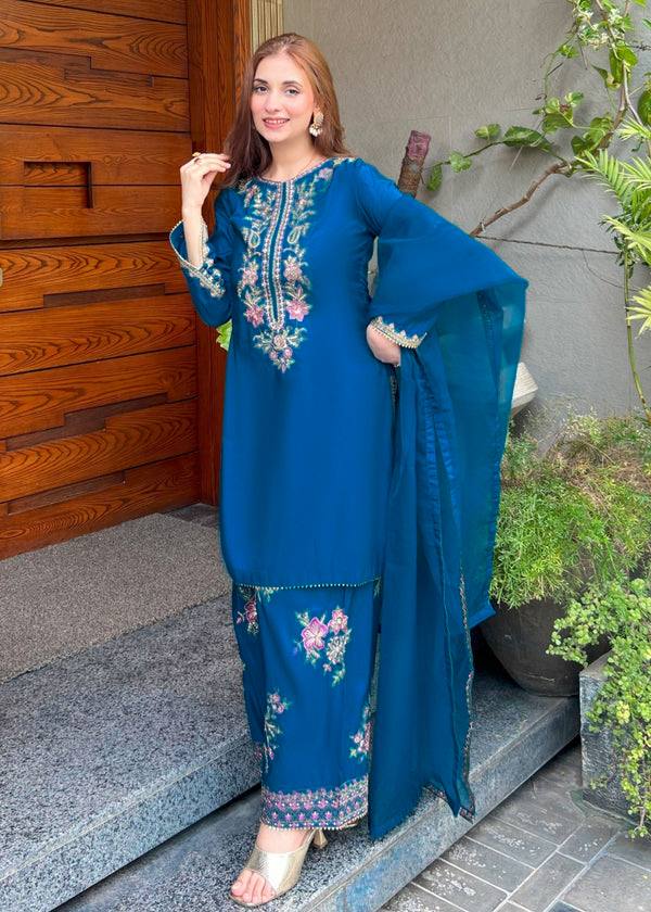 Preferable Blue Color Embroidered Farshi Suit With Dupatta