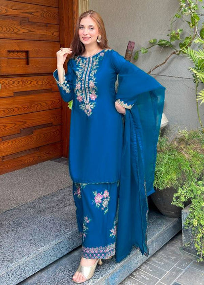 Preferable Blue Color Embroidered Farshi Suit With Dupatta