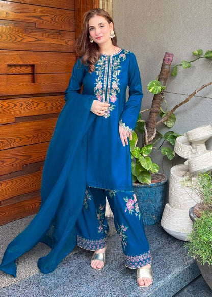 Preferable Blue Color Embroidered Farshi Suit With Dupatta