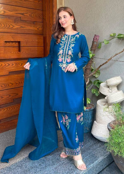 Preferable Blue Color Embroidered Farshi Suit With Dupatta