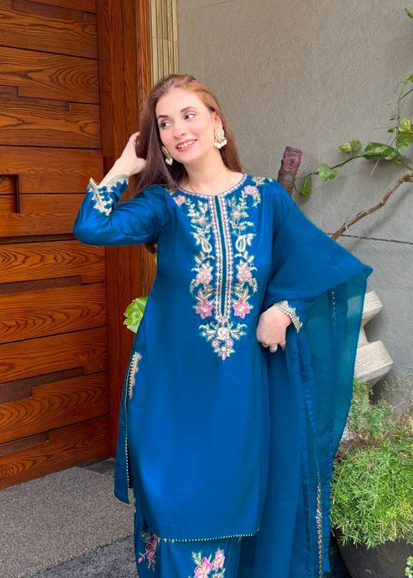 Preferable Blue Color Embroidered Farshi Suit With Dupatta