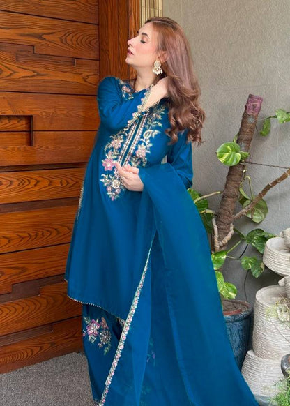 Preferable Blue Color Embroidered Farshi Suit With Dupatta