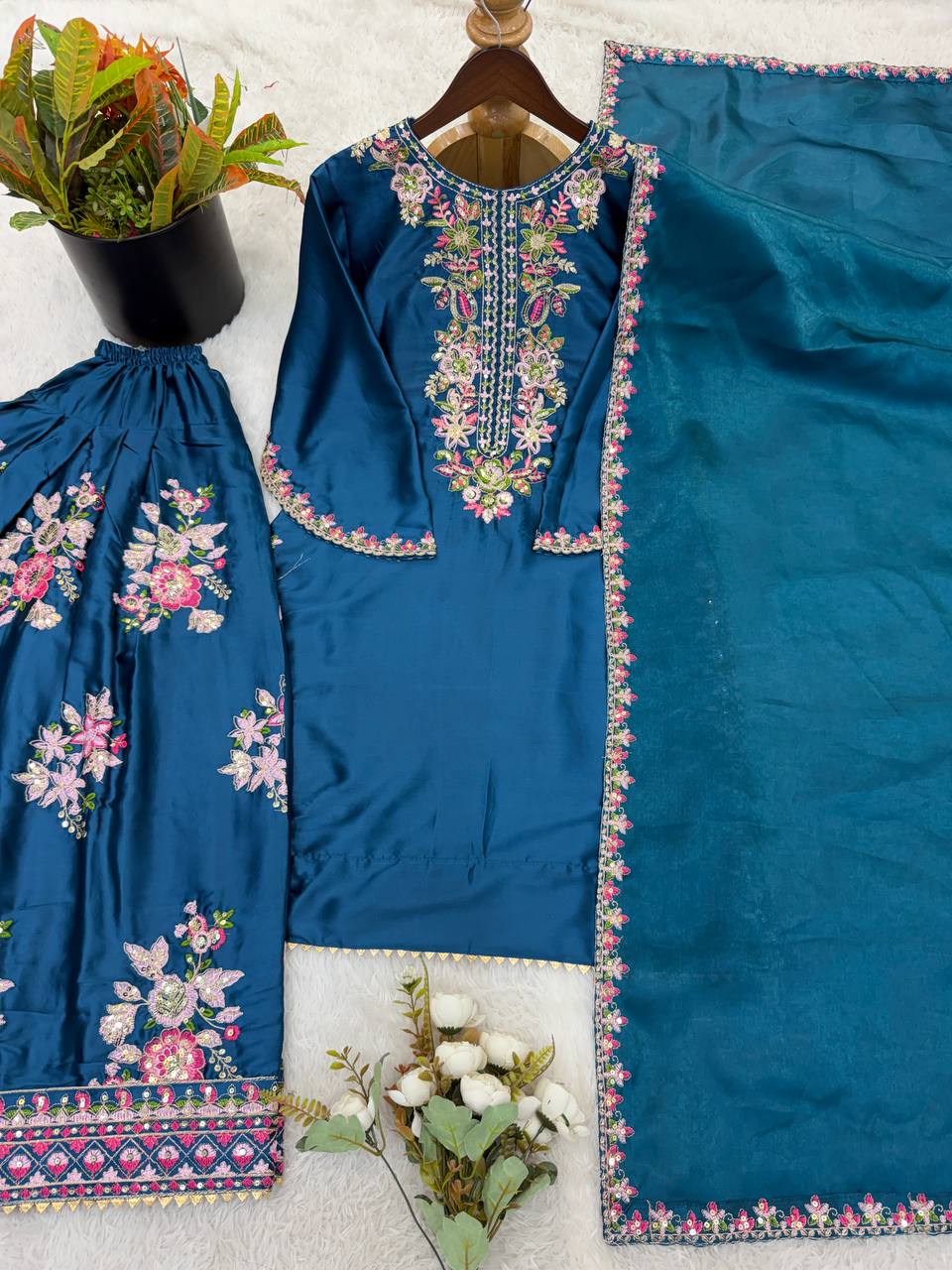 Preferable Blue Color Embroidered Farshi Suit With Dupatta