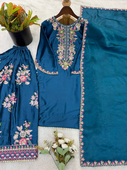 Preferable Blue Color Embroidered Farshi Suit With Dupatta