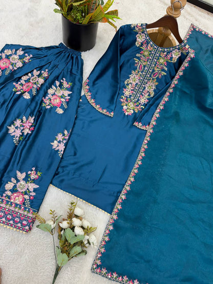 Preferable Blue Color Embroidered Farshi Suit With Dupatta