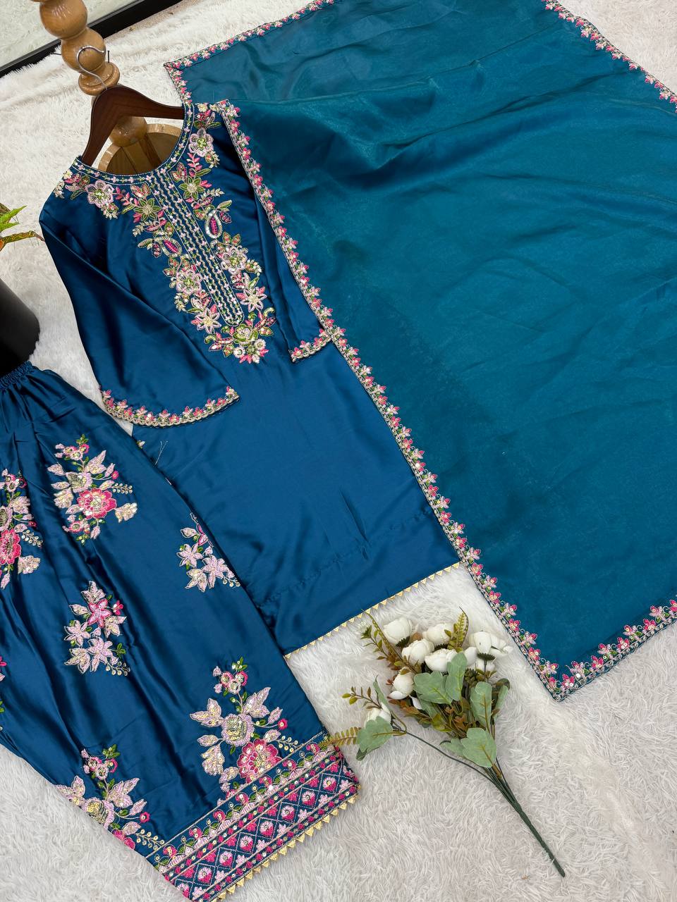 Preferable Blue Color Embroidered Farshi Suit With Dupatta